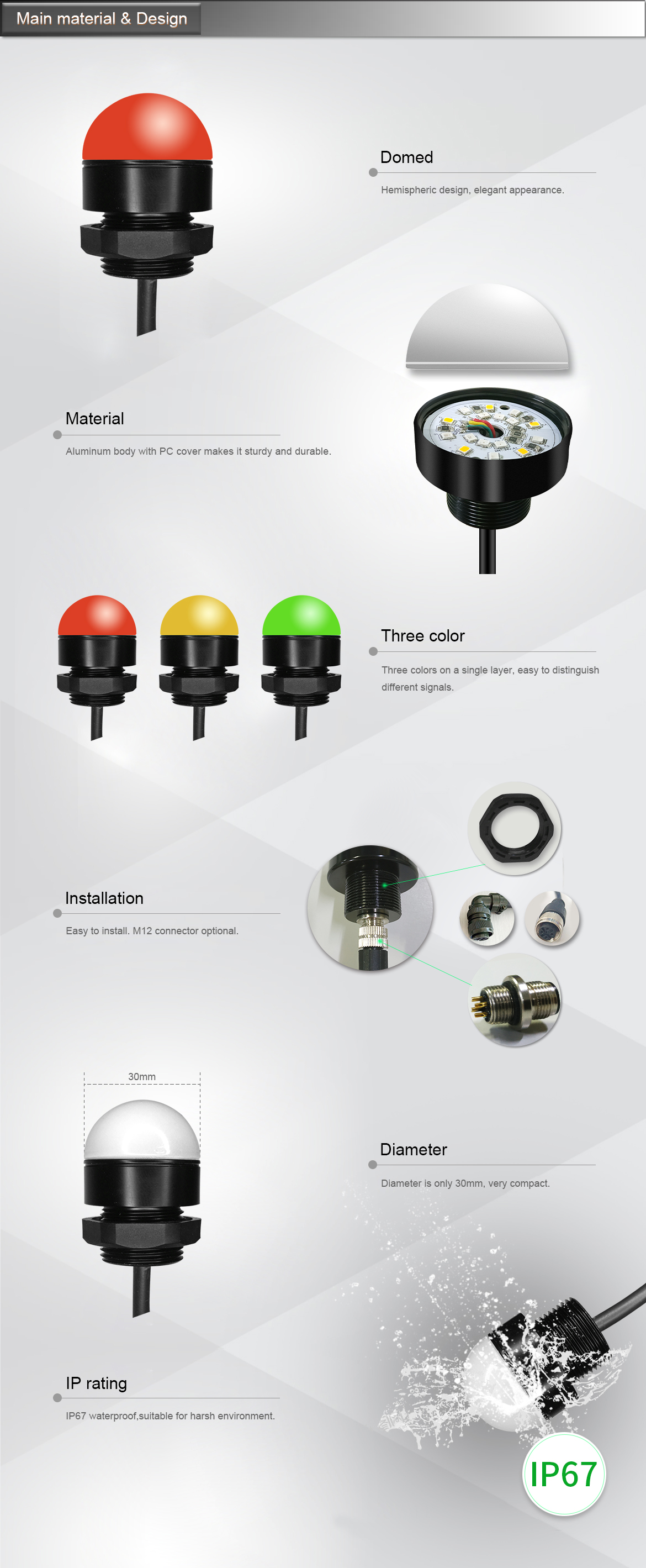 ONN-M4B  30mm 50mm Dome Indicator Light 3 Color Led Signal Light with Buzzer 12V/24V