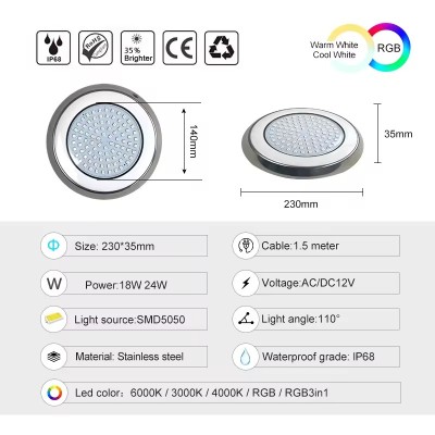 18W 24W IP68 RGB Waterproof Swimming LED Pool Light UW1390picture2