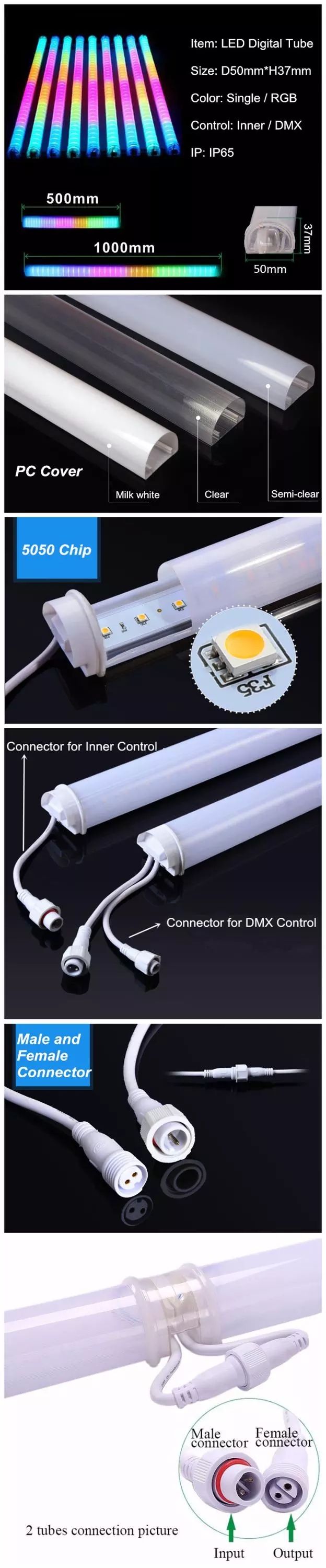 IP66 Outdoor Waterproof LED RGB Tube Digital Building Decorative Light RGB Guardrail Tube Programmable  Dmx Rgb 12V 24V  220V