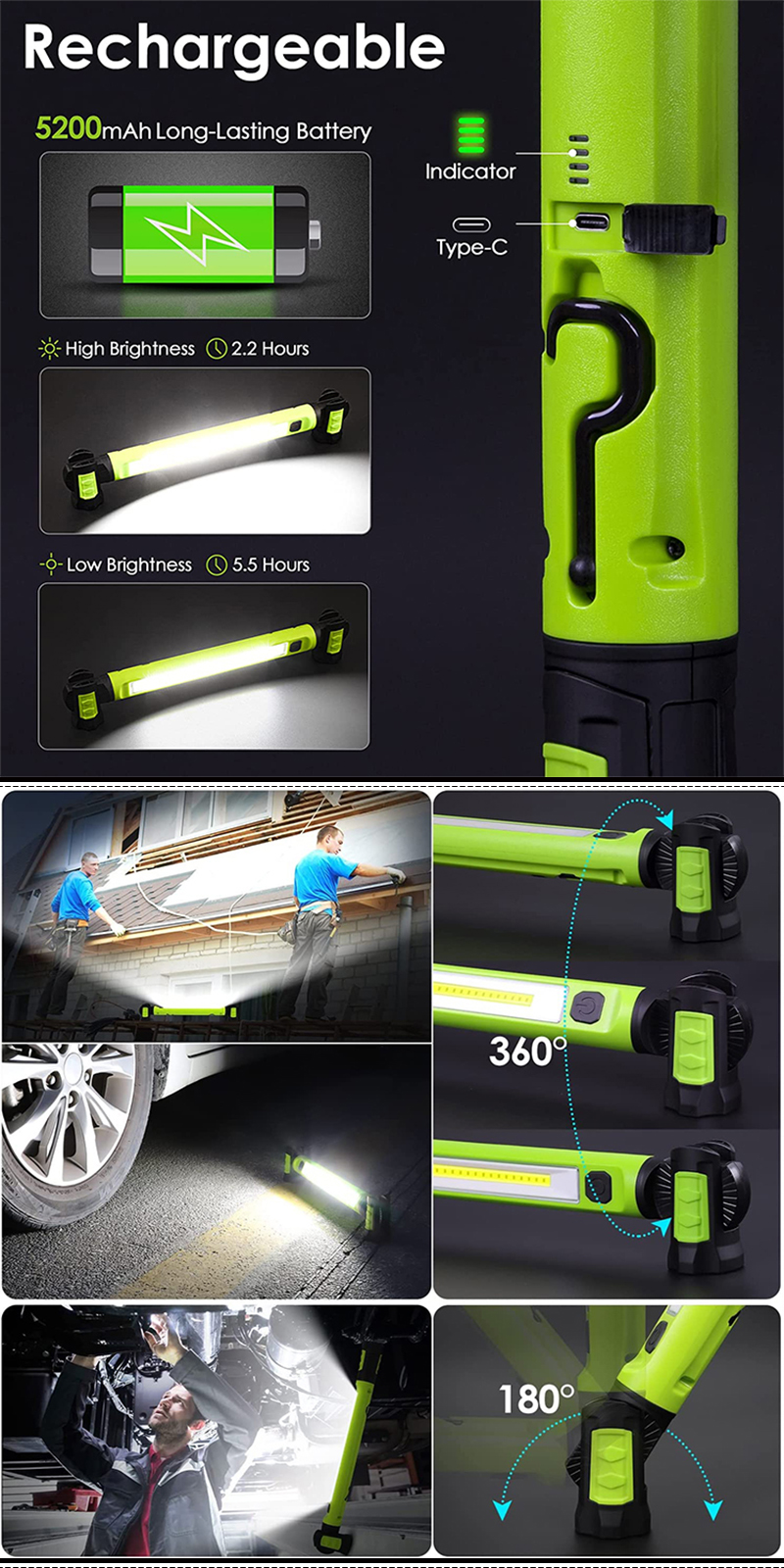 Cordless Rechargeable Magnetic LED Underhood Work Light with Hooks