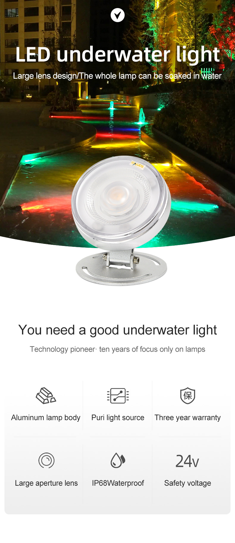 IP68 Led Underwater Lamp 12v Dc Surface Illuminated Underwater Lamp RGB Color Co<i></i>ntrol Swimming Pool Led Underwater Light