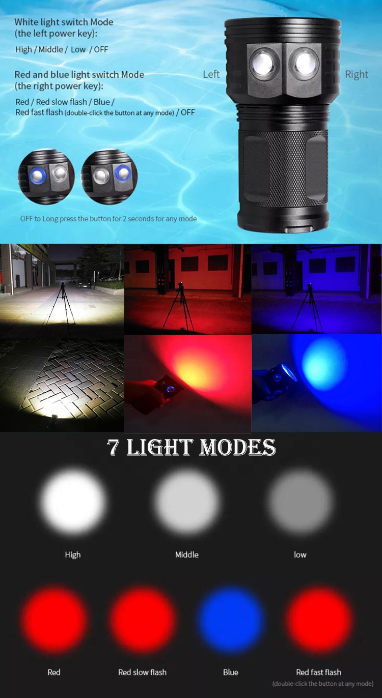 Red Blue White Led Underwater Photography Fill Light Scuba Dive Lamp Waterproof Video Torch Tactical Cob Diving Flashlight