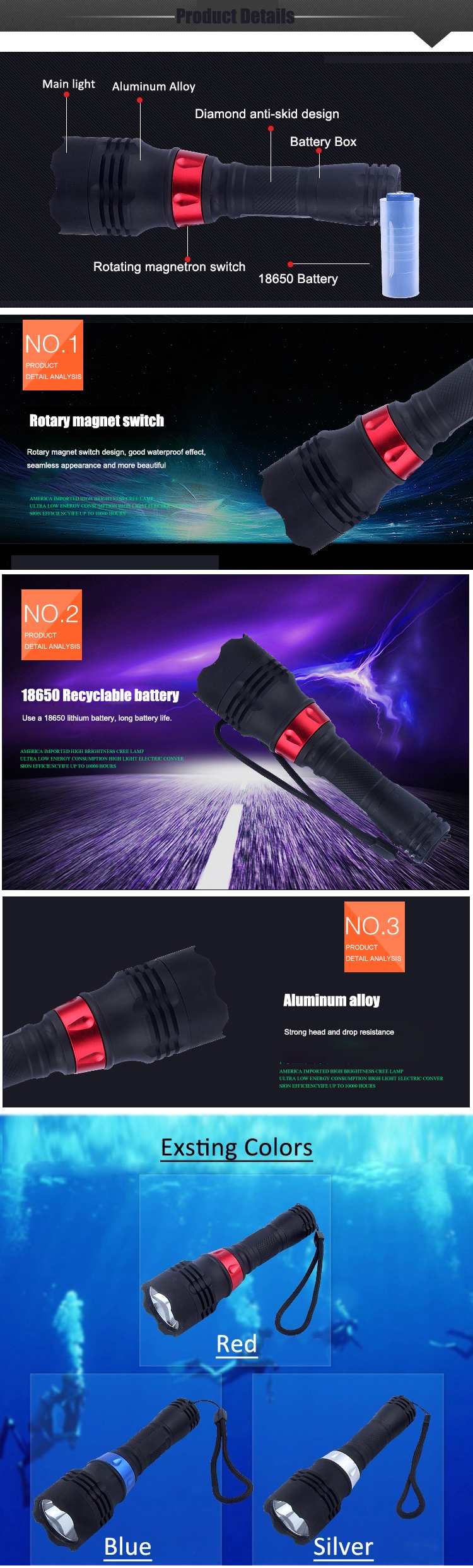 Super Bright High Power Diving Lamp Led Dive Light Outdoor Portable Underwater Flashlight for Diving