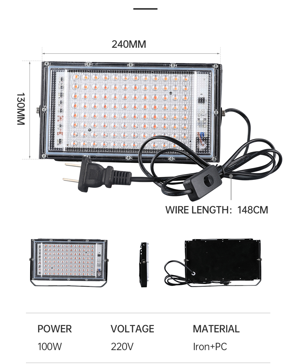 NEW AC220V Waterproof 100W Floodlight Spotlighting Led Commercial Growth Lamp Full Spectrum Led Plant Grow Lights Greenhouse 90