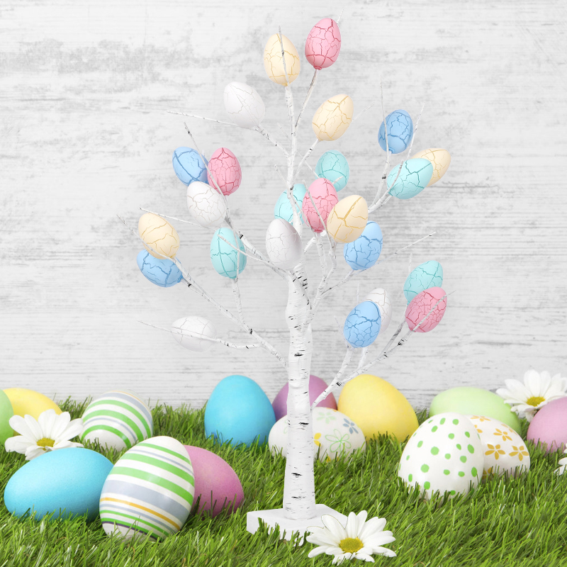 Easter LED Light Birch Tree with 24pcs Easter Eggs Ornament for Spring Home Table Decoration Kids Party Gifts Battery Operated