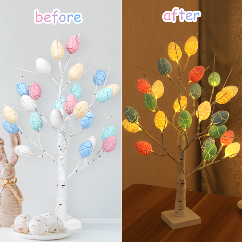 Easter LED Light Birch Tree with 24pcs Easter Eggs Ornament for Spring Home Table Decoration Kids Party Gifts Battery Operated
