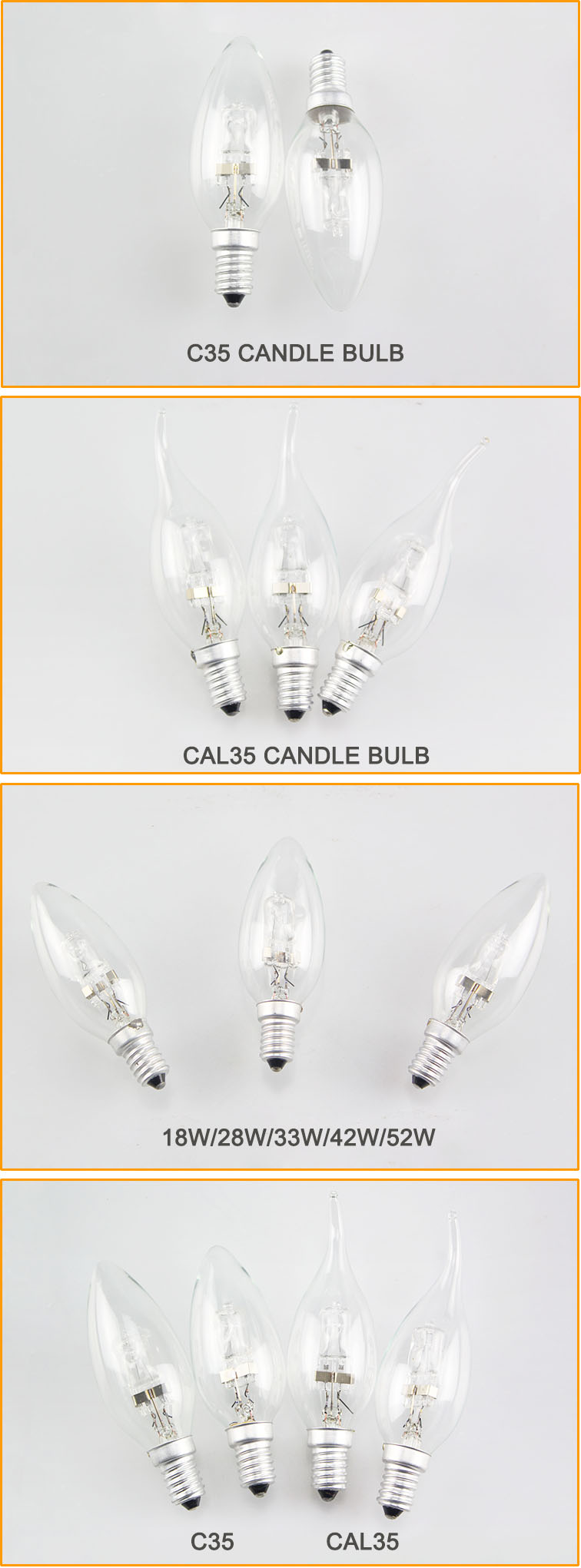 Halogen Bulb Candle C35 CAL35 Flame Tail E14 E27 B22 Clear Frosted 18W 28W 42W 110V 220V Dimmable Mini Chandelier Lamp , HAL-C35