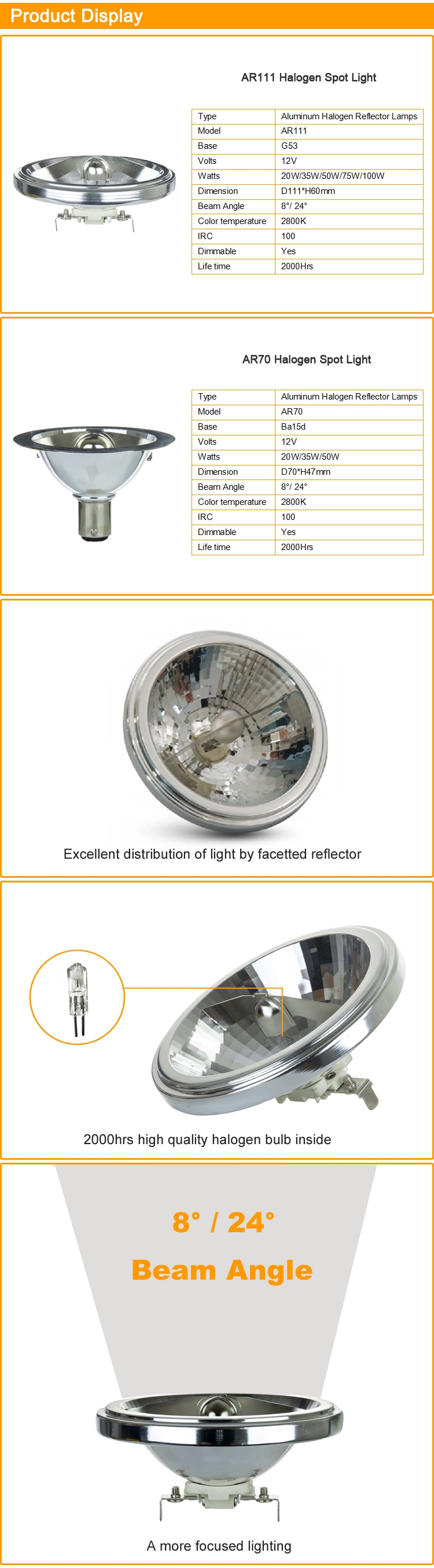 Dimmable AR111 G53 ba<i></i>se Halogen Spot Light 4-75W with 6-24 Degree 12V 24V Halogen Bulbs