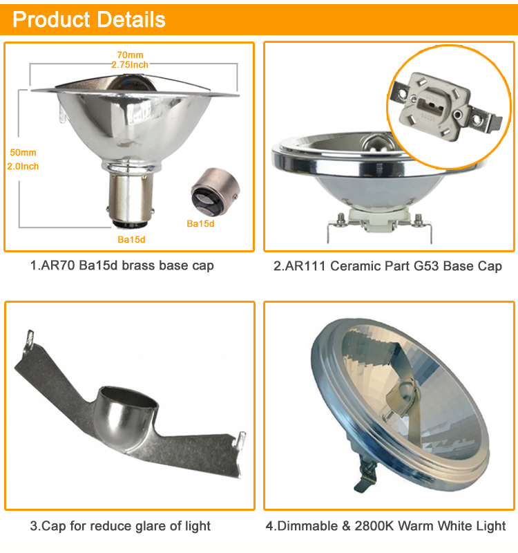 Dimmable AR111 G53 ba<i></i>se Halogen Spot Light 4-75W with 6-24 Degree 12V 24V Halogen Bulbs