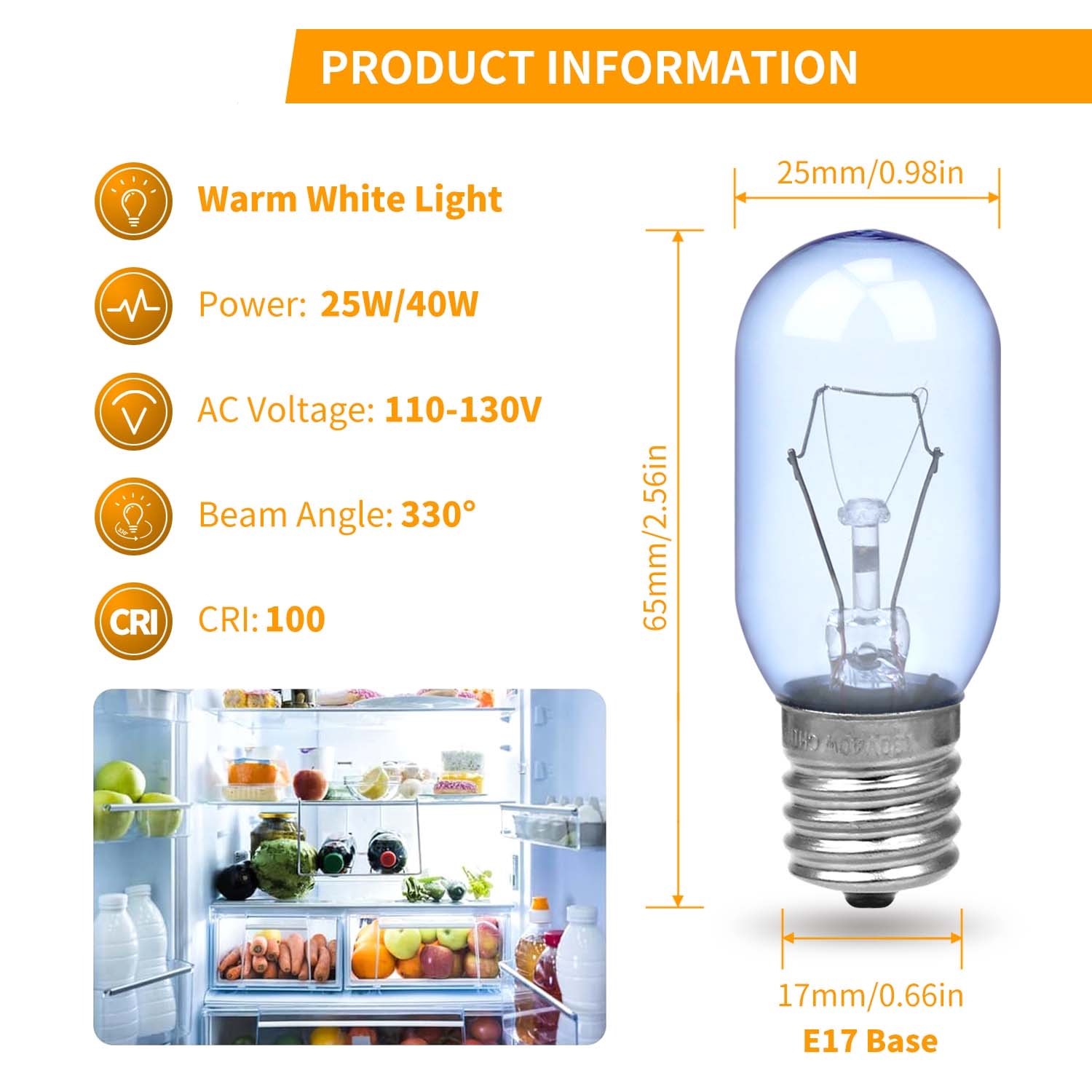 Refrigerator Incandescent Bulb 25*65MM 110v 130v 25W 40W E17 T8 Tubular Lamp INC500picture4