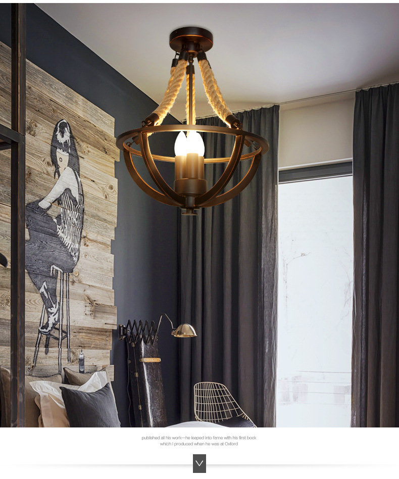Nostalgic Restaurant Clothing Shop Hemp Rope Ceiling Light Black Iron Indoor Chandelier E27 Ceiling Lamp Country Rustic Style