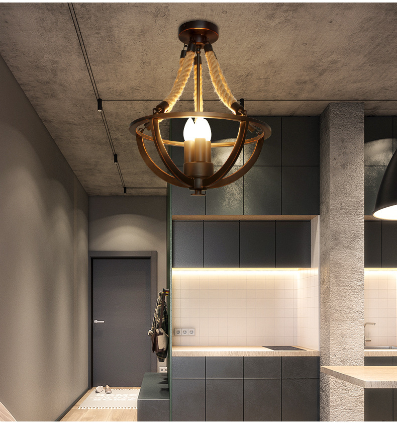 Nostalgic Restaurant Clothing Shop Hemp Rope Ceiling Light Black Iron Indoor Chandelier E27 Ceiling Lamp Country Rustic Style