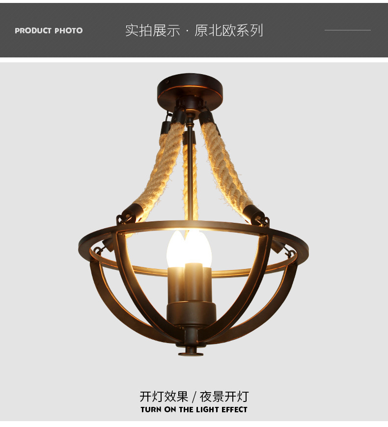 Nostalgic Restaurant Clothing Shop Hemp Rope Ceiling Light Black Iron Indoor Chandelier E27 Ceiling Lamp Country Rustic Style
