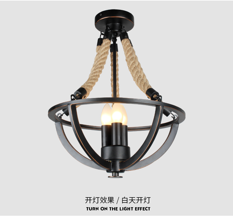 Nostalgic Restaurant Clothing Shop Hemp Rope Ceiling Light Black Iron Indoor Chandelier E27 Ceiling Lamp Country Rustic Style