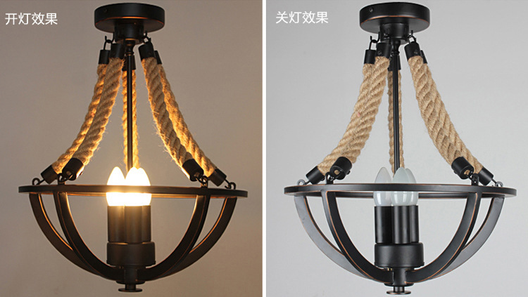 Nostalgic Restaurant Clothing Shop Hemp Rope Ceiling Light Black Iron Indoor Chandelier E27 Ceiling Lamp Country Rustic Style