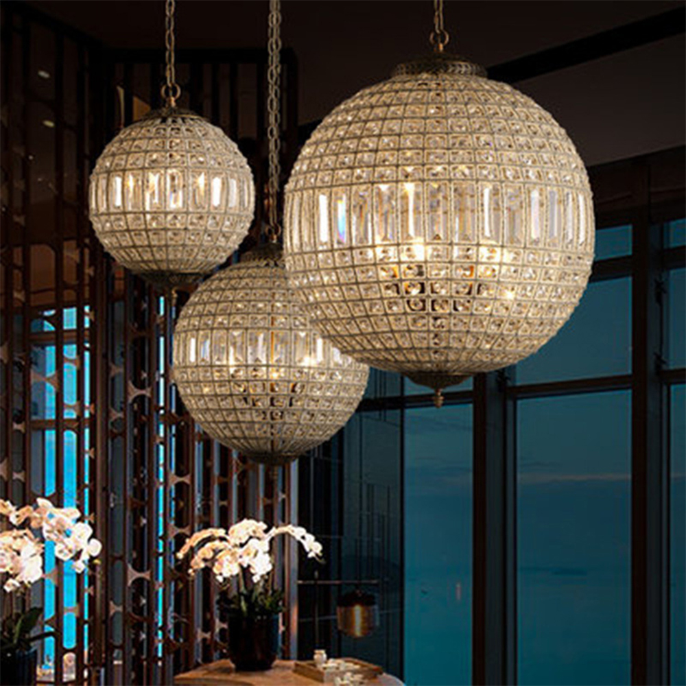 European Vintage Court Modern Luxury K9 LED Glass Ceiling Pendant Light Iron Hotel Crystal Ball Lamp Lighting Chandelier