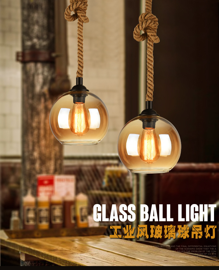 Simple North American Style Rural Retro bar Counter Loft Light Restaurant Hemp Rope Glass Ball Chandelier