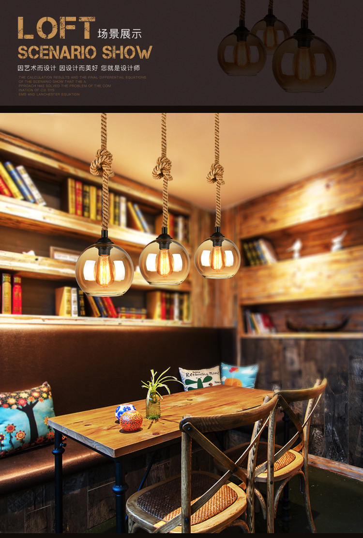 Simple North American Style Rural Retro bar Counter Loft Light Restaurant Hemp Rope Glass Ball Chandelier