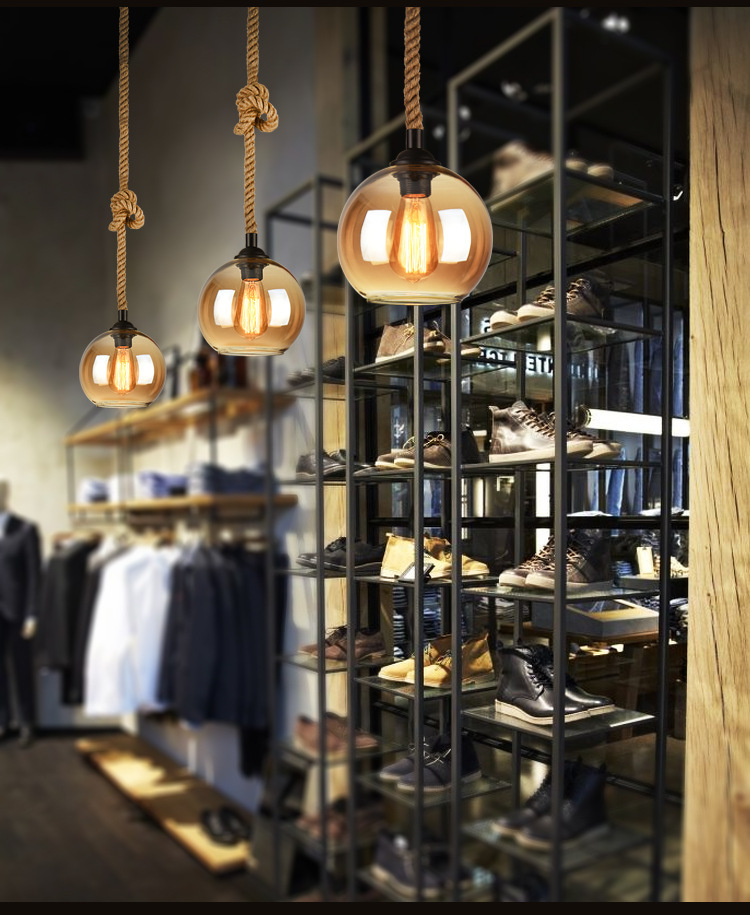 Simple North American Style Rural Retro bar Counter Loft Light Restaurant Hemp Rope Glass Ball Chandelier