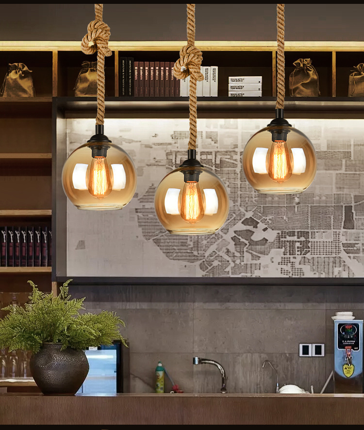 Simple North American Style Rural Retro bar Counter Loft Light Restaurant Hemp Rope Glass Ball Chandelier
