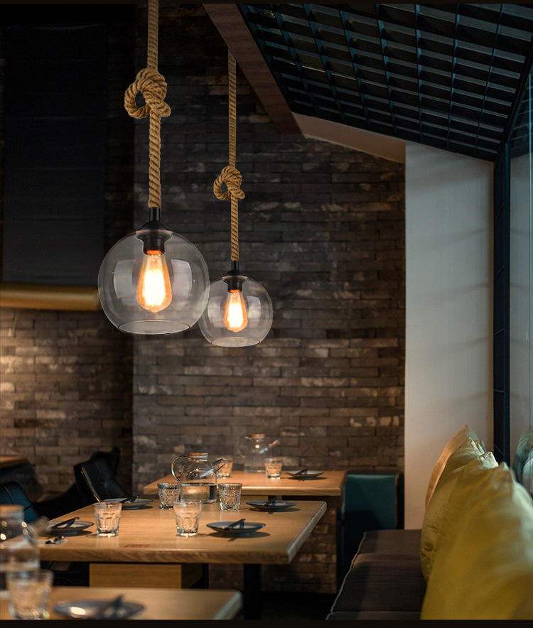 Simple North American Style Rural Retro bar Counter Loft Light Restaurant Hemp Rope Glass Ball Chandelier