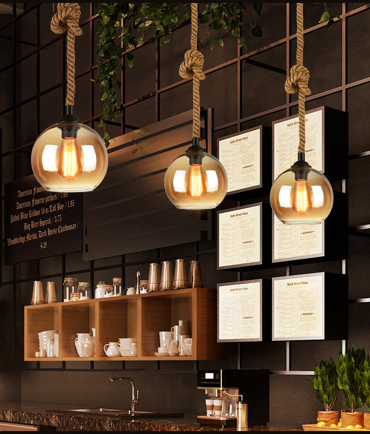 Simple North American Style Rural Retro bar Counter Loft Light Restaurant Hemp Rope Glass Ball Chandelier