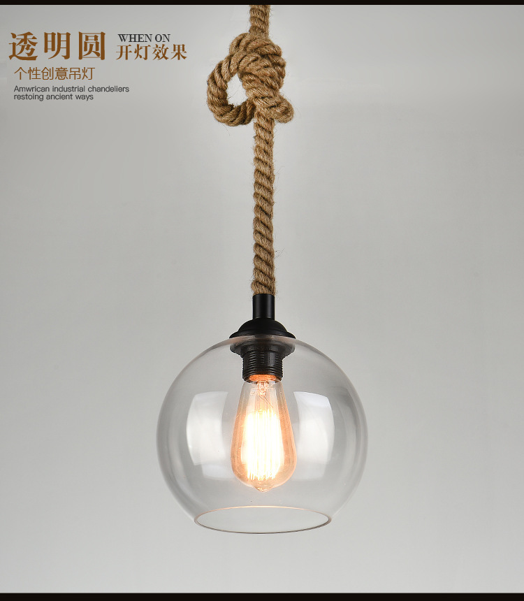 Simple North American Style Rural Retro bar Counter Loft Light Restaurant Hemp Rope Glass Ball Chandelier