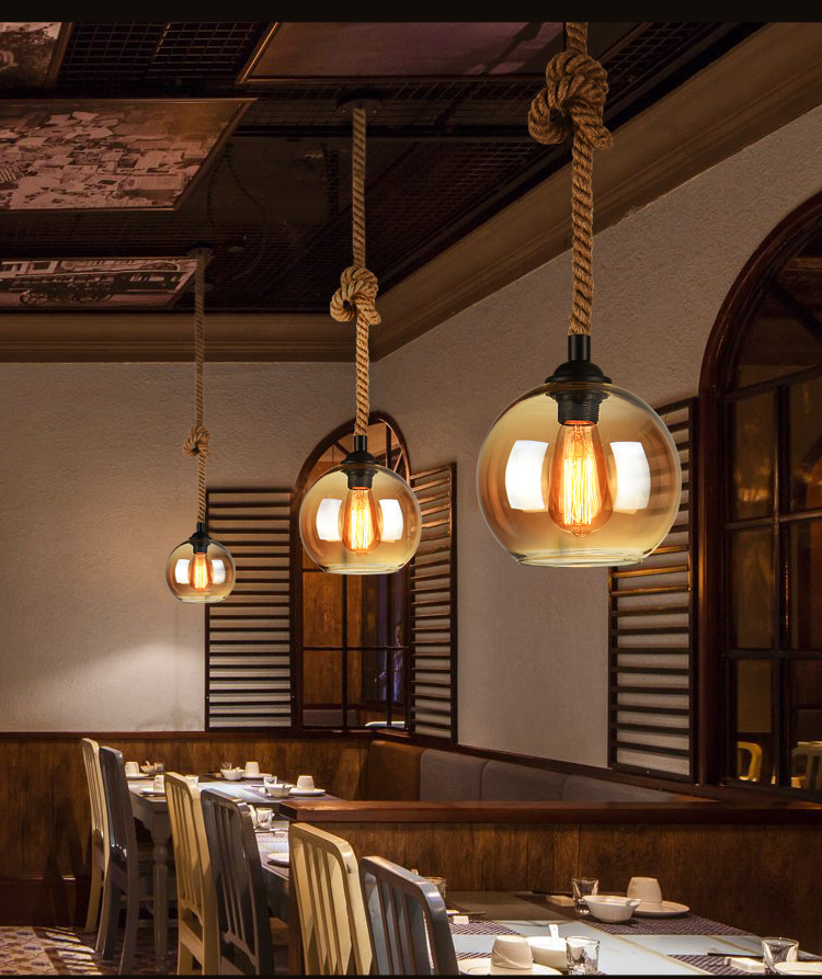 Simple North American Style Rural Retro bar Counter Loft Light Restaurant Hemp Rope Glass Ball Chandelier