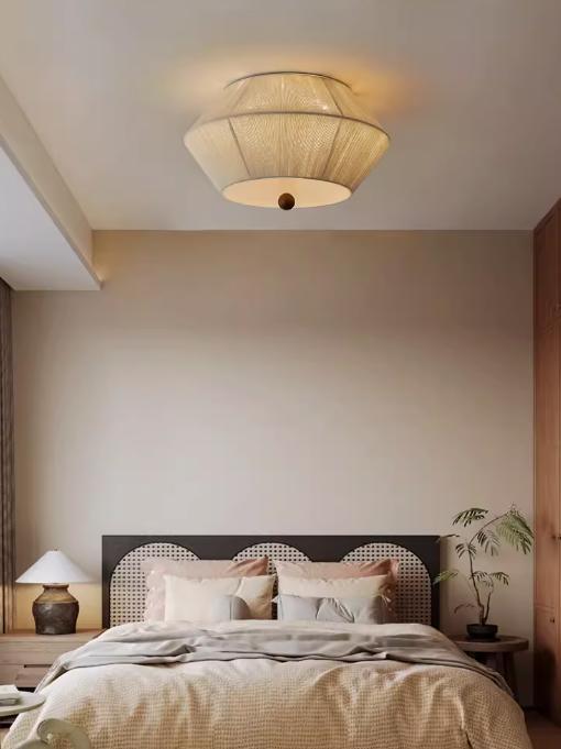Japanese-Style Solid Wood Antique Woven Paper Rope Ceiling Lamp Iron for Bedroom Living Room Study Industrial Island Setting