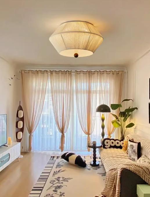 Japanese-Style Solid Wood Antique Woven Paper Rope Ceiling Lamp Iron for Bedroom Living Room Study Industrial Island Setting