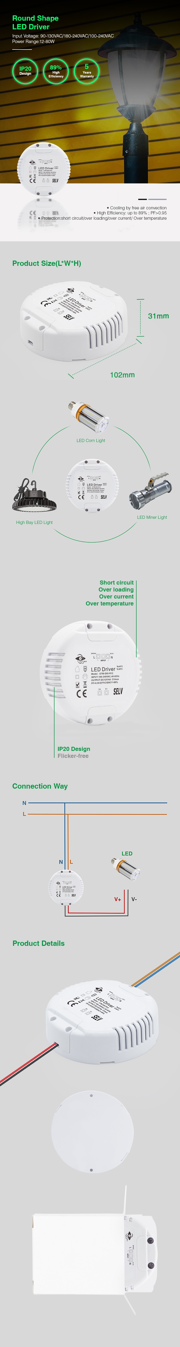 60w 12v 24v Co<i></i>nstant Voltage Led Driver Round Shape Led Driver