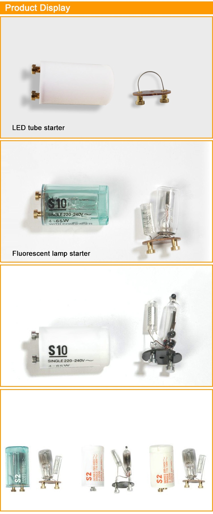 Lamp Tube  Glowing Starter for LED Fluorescent Light Fuse FS-U 4-65W 4-22W 220-240V 110-130V with CE ROHS , FLT-STARTER