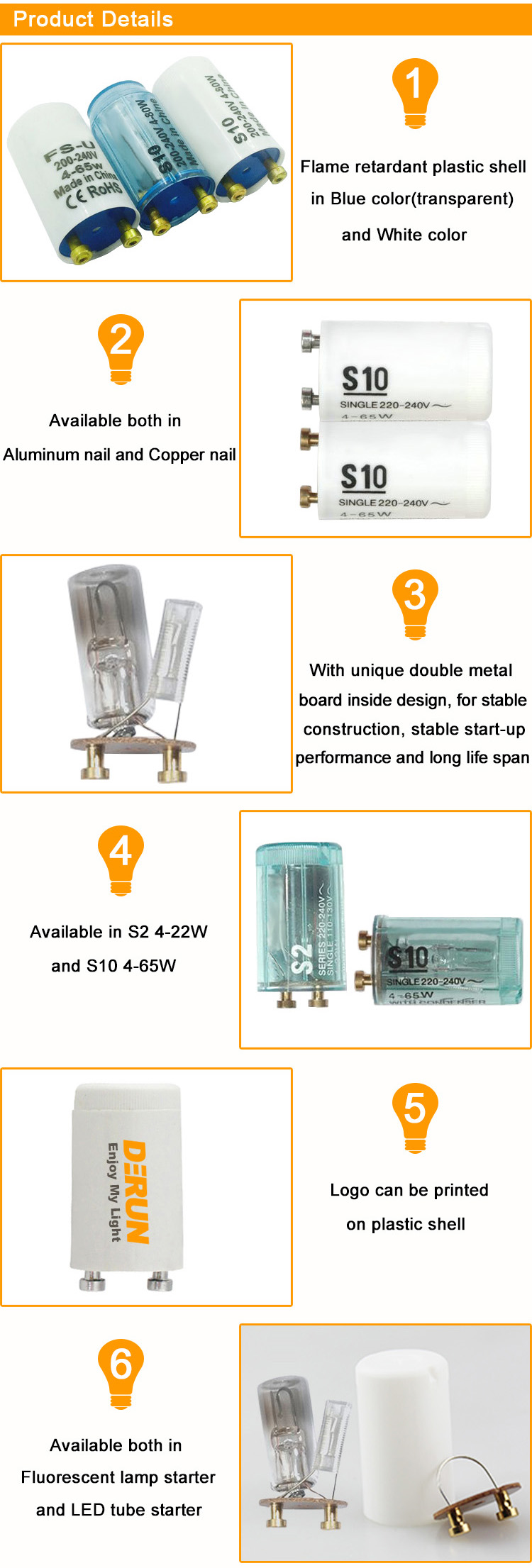 Lamp Tube  Glowing Starter for LED Fluorescent Light Fuse FS-U 4-65W 4-22W 220-240V 110-130V with CE ROHS , FLT-STARTER