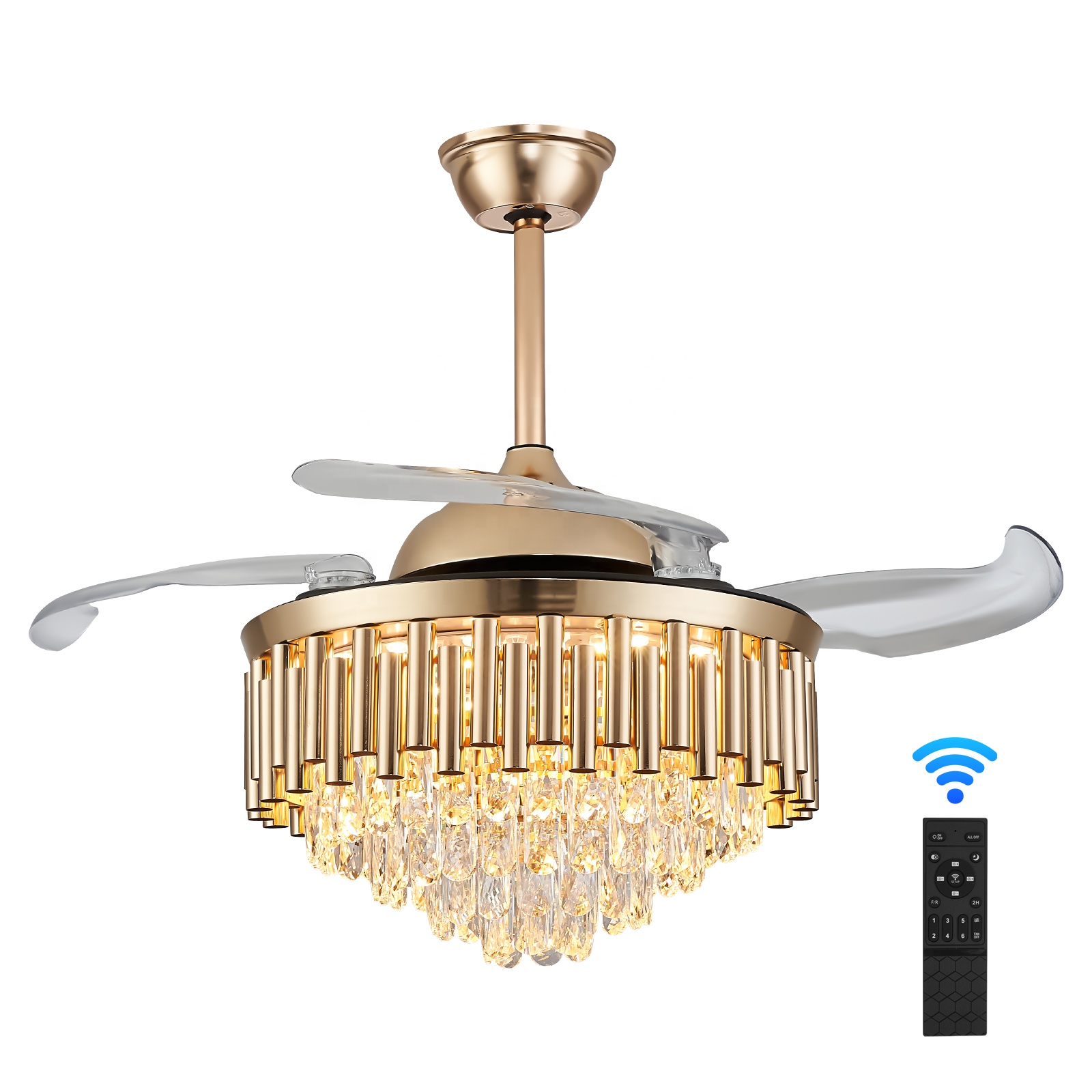 French Gold 42 Inch 4 Blades 6 Speeds Remote Crystal Ceiling Fan Light CL560