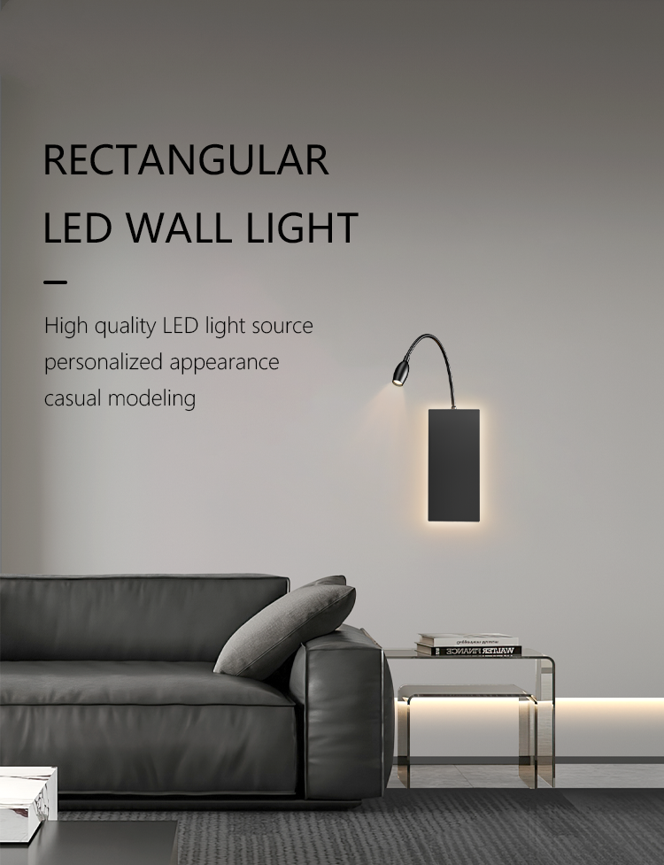 Modern Simple Bedroom LED Reading Wall Lamp Square Bedside White USB Wireless Charging Rotatable Switch Black Bedside Wall Lamp