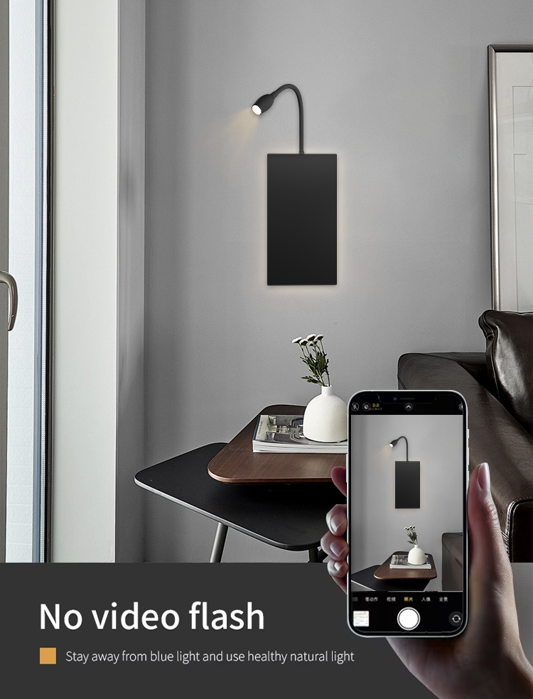 Modern Simple Bedroom LED Reading Wall Lamp Square Bedside White USB Wireless Charging Rotatable Switch Black Bedside Wall Lamp