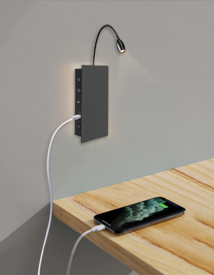 Modern Simple Bedroom LED Reading Wall Lamp Square Bedside White USB Wireless Charging Rotatable Switch Black Bedside Wall Lamp