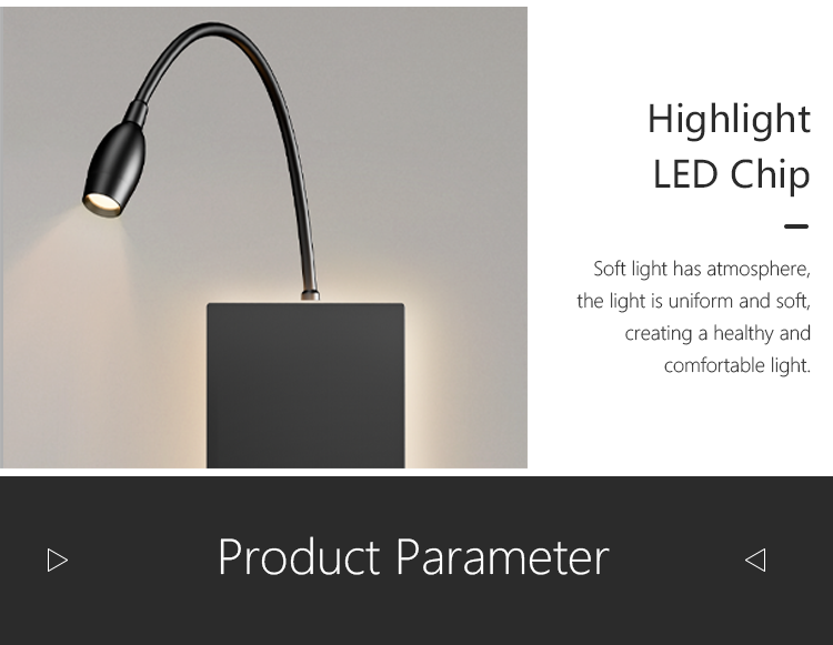 Modern Simple Bedroom LED Reading Wall Lamp Square Bedside White USB Wireless Charging Rotatable Switch Black Bedside Wall Lamp