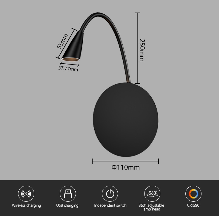 Modern Simple LED Reading Light White Shade Bedside Wall Lamp Rotatable Switch USB Wireless Charging Aluminum Body for Bedroom