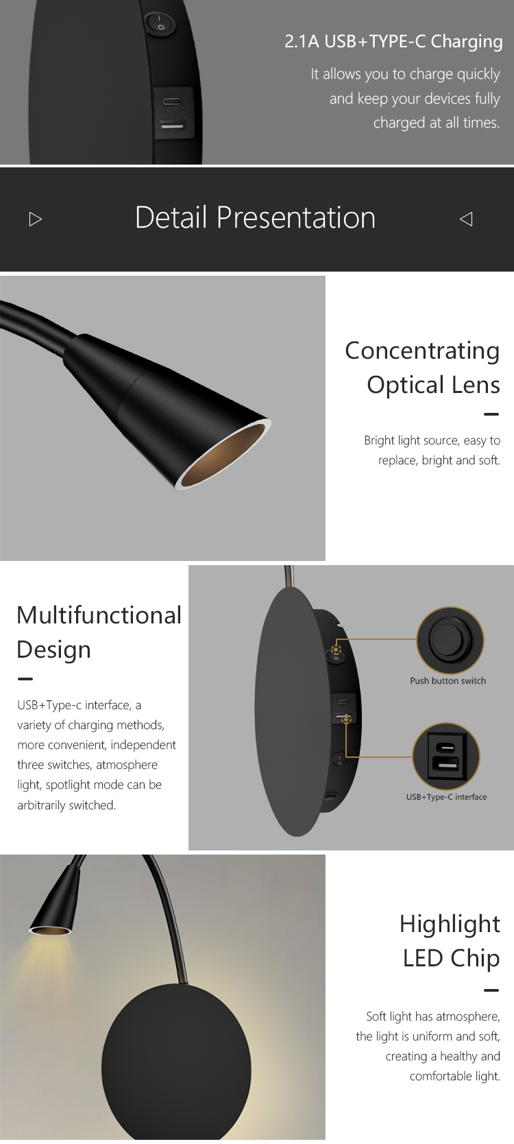 Modern Simple LED Reading Light White Shade Bedside Wall Lamp Rotatable Switch USB Wireless Charging Aluminum Body for Bedroom