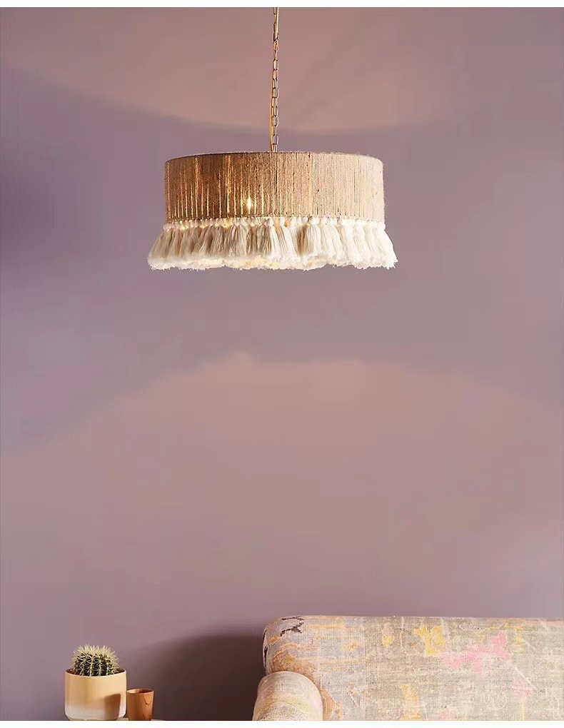 Wabi-Sabi Retro Japanese Restaurant Lamp Bohemian Linen Rope Chandelier Middle Size E26 Pendant Lights for Living Room Creative