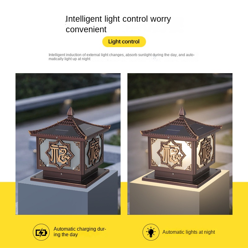 Factory Price High Quality Waterproof Solar Column Lamp Outdoor Classic Garden Pillar Lighting Waterproof Post Fence Light IP65