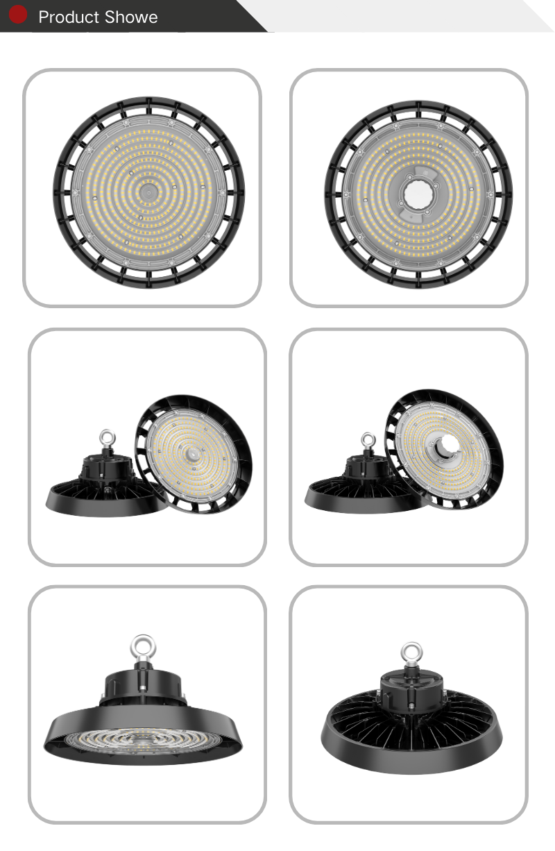 Industrial Lighting: 100W, 150W, 200W IP65 Round UFO-shaped LED High-bay Lights for Warehouses and Workshops.