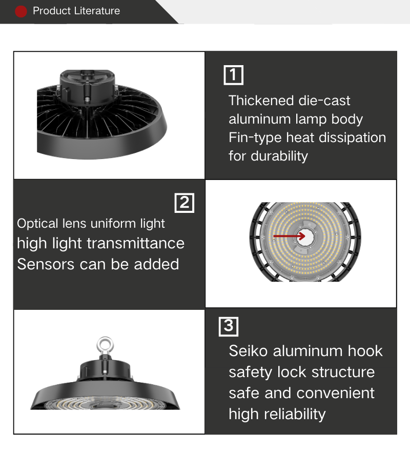 Industrial Lighting: 100W, 150W, 200W IP65 Round UFO-shaped LED High-bay Lights for Warehouses and Workshops.