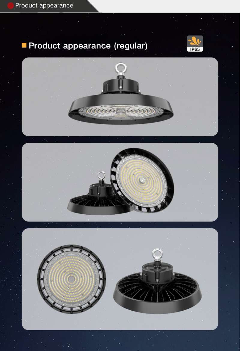 Industrial Lighting: 100W, 150W, 200W IP65 Round UFO-shaped LED High-bay Lights for Warehouses and Workshops.