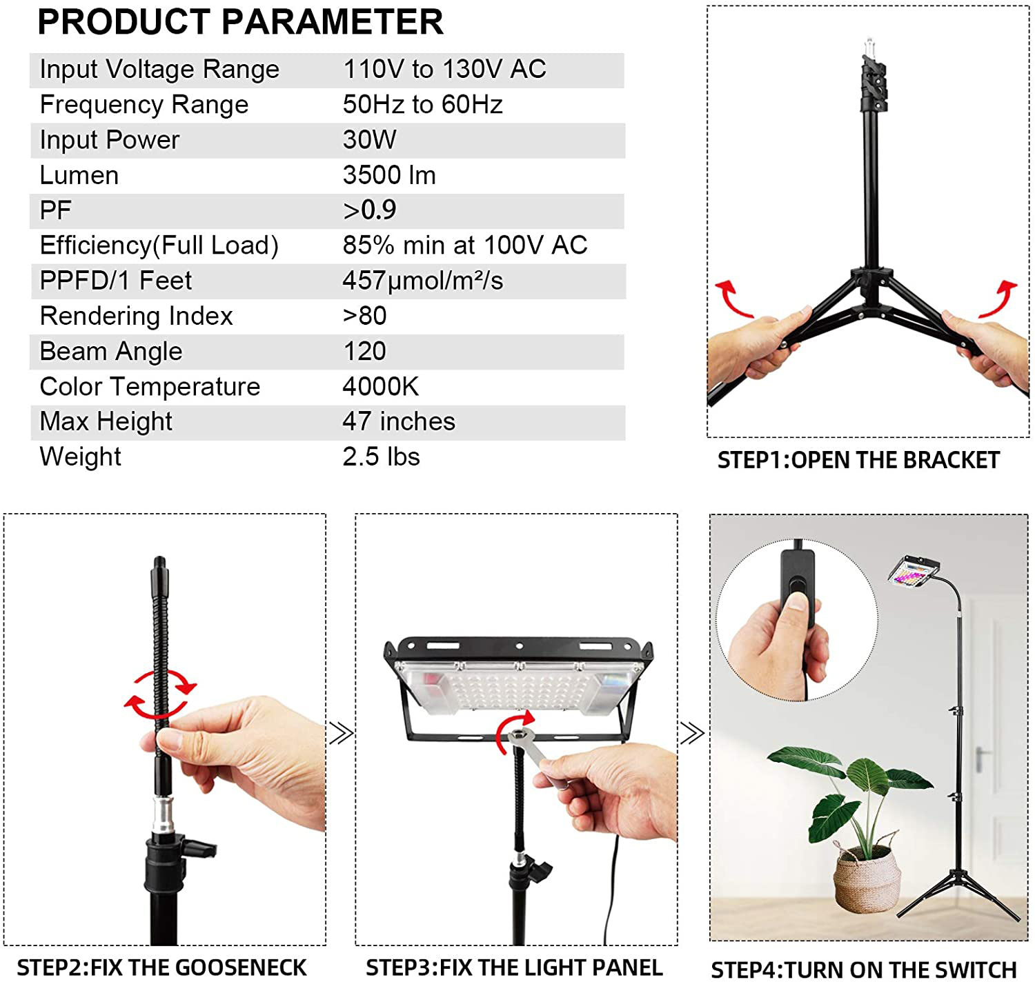 Grow Light with Stand, LBW Full Spectrum 150W LED Floor Plant Light for Indoor , Grow Lamp with On/Off Timer Switch, Adjustable