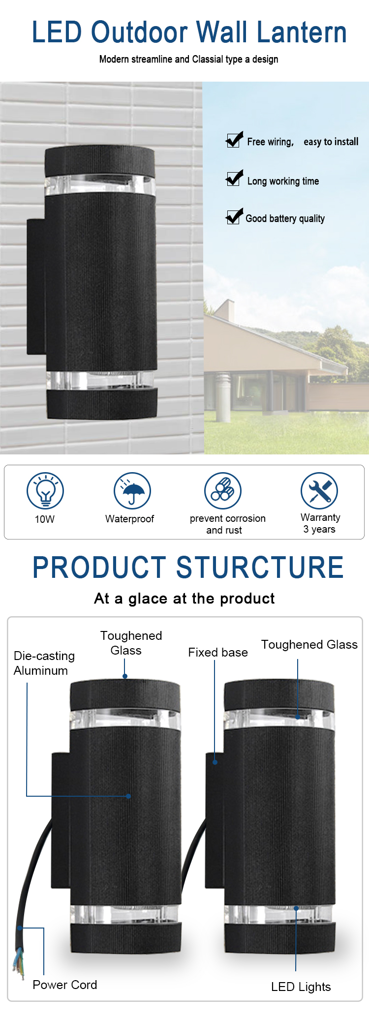 Aluminum Flat Mount Swing Arm LED Wall Lamp for Outdoor Reading Water-Proof Square Cylinder Shape