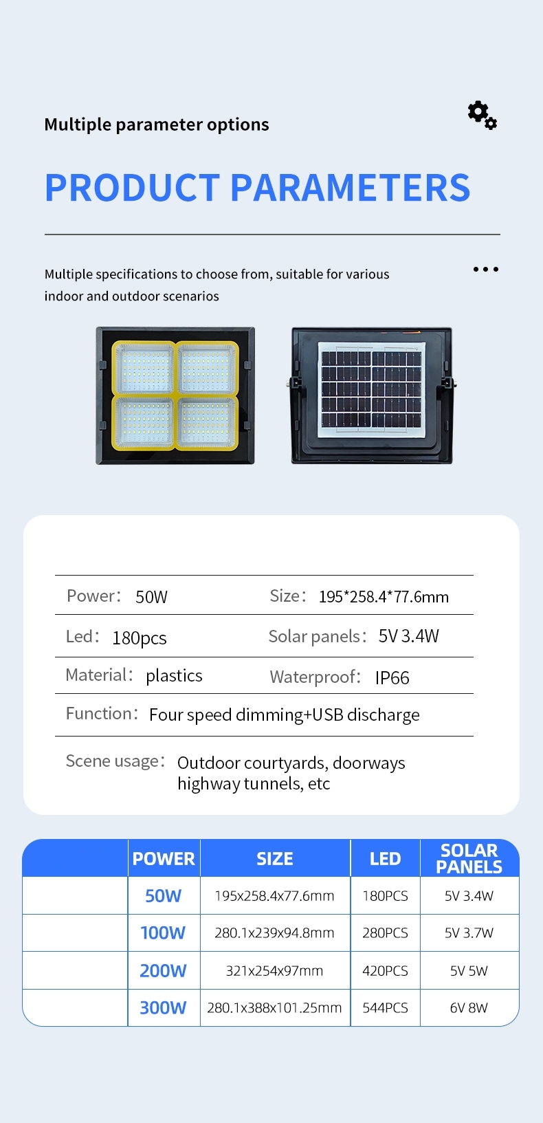 Portable Rechargeable 50w 100w 200w 300w Ip65 Outdoor Waterproof Led Solar Flood Light