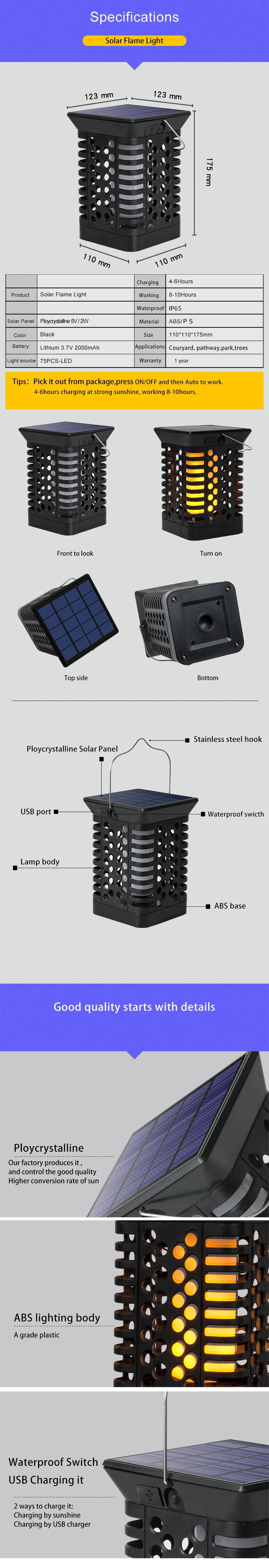 Outdoor Fire Torch Light Wall me<i></i>tal Lamp Lantern Hanging Decorative Solar Flame Lights for Ourdo