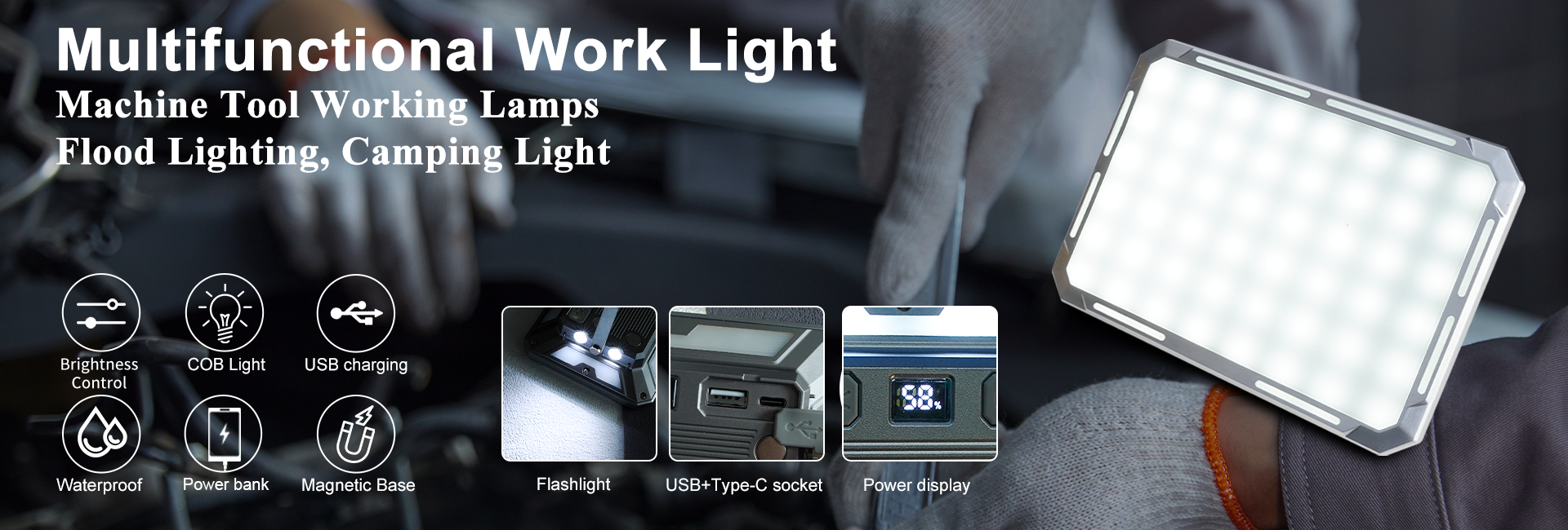 High Power Portable LED Work Light Rechargeable Waterproof Search Light Outdoor Emergency Aluminum ABS Body Cold White Emission